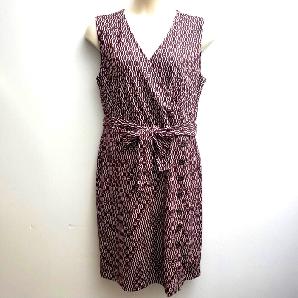 Ann Taylor Faux Wrap Dress 10 Purple White Geometric Sleeveless Buttons Sash NWT